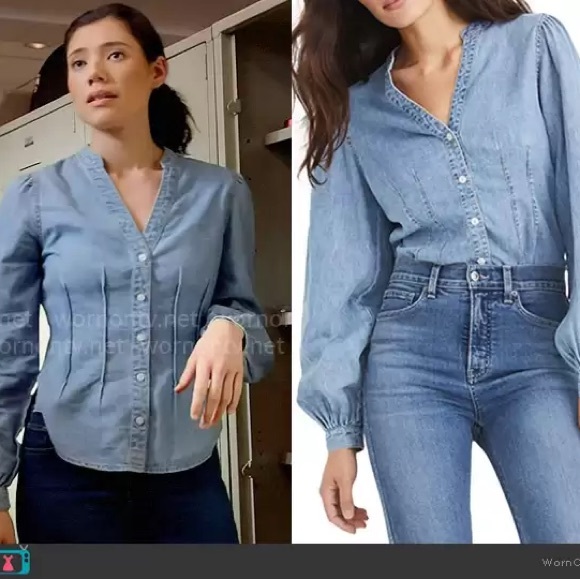 Veronica Beard Sedona Chambray Denim Blouse Sz 4 Quiet Luxury Coastal Feminine - Picture 4 of 12